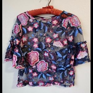 ZARA WOMEN BLUE PINK FLORAL EMBROIDERY SHEER TOP